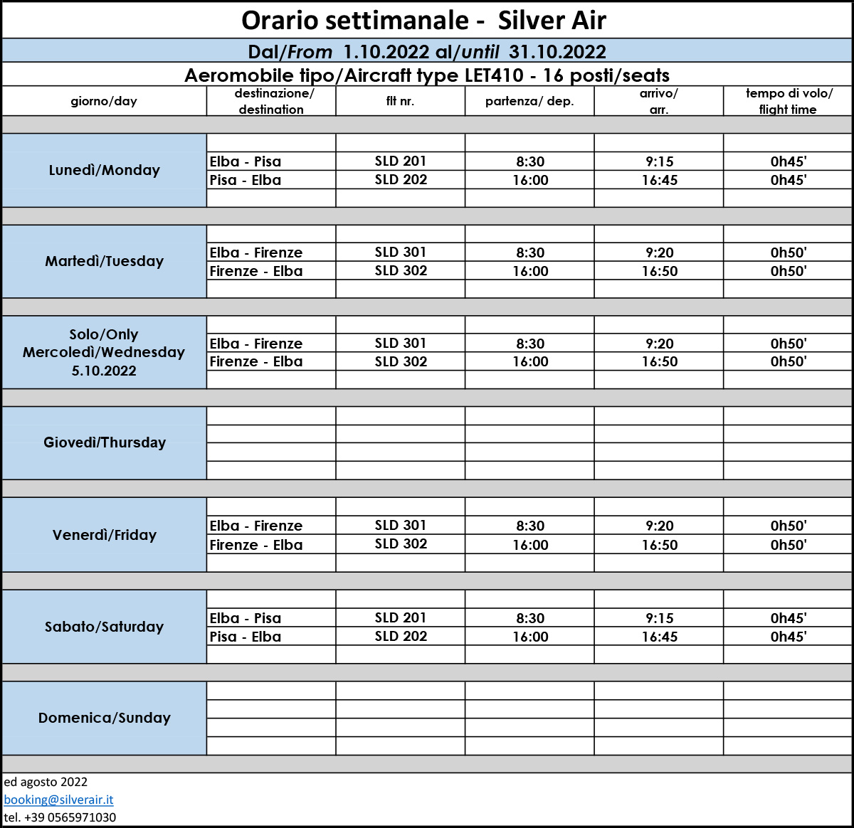 Orario voli Silver Air ottobre 2022 no bts