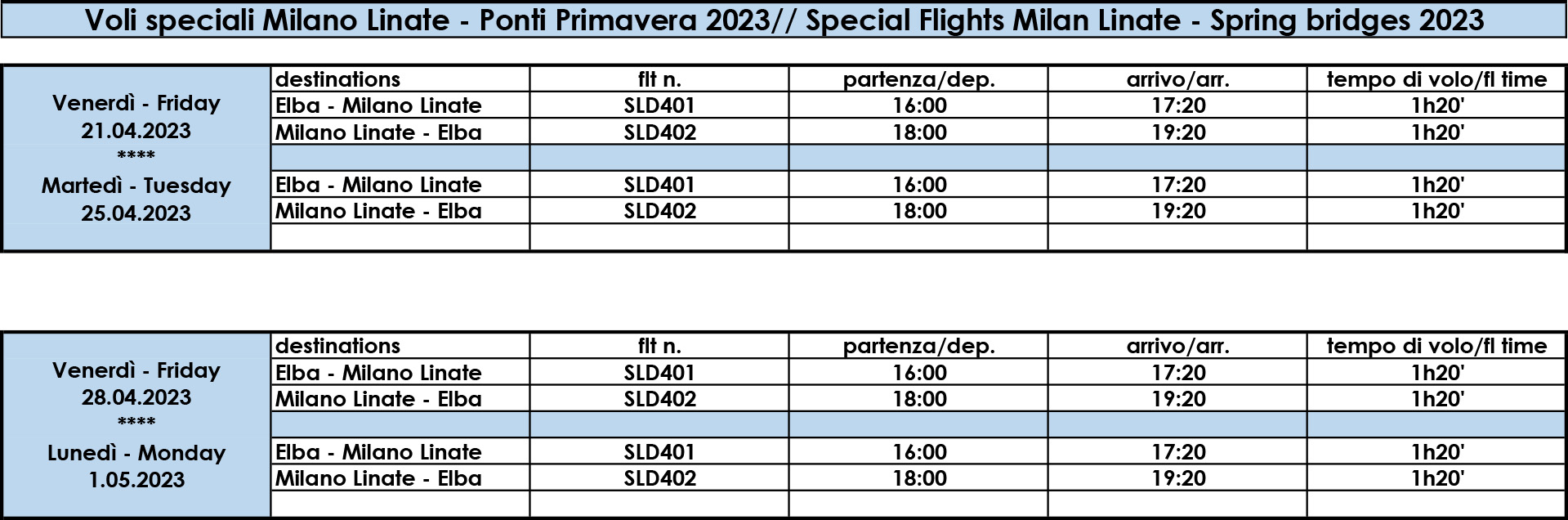 Time Table Milano Linate 2023 voli speciali primavera
