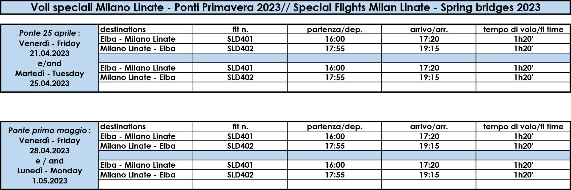 Time Table Milano Linate 2023 voli speciali primavera